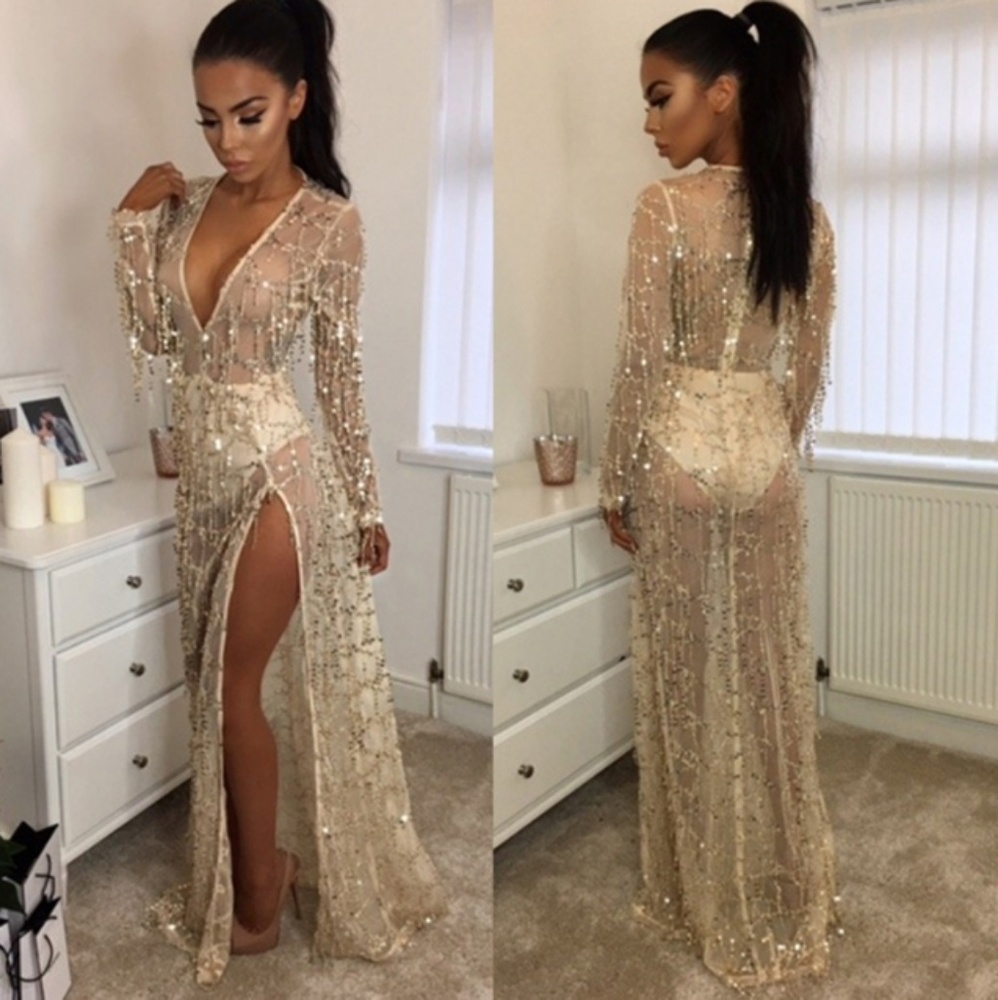 Open Front Slit Sequined Fringe Gown Holiday Dress